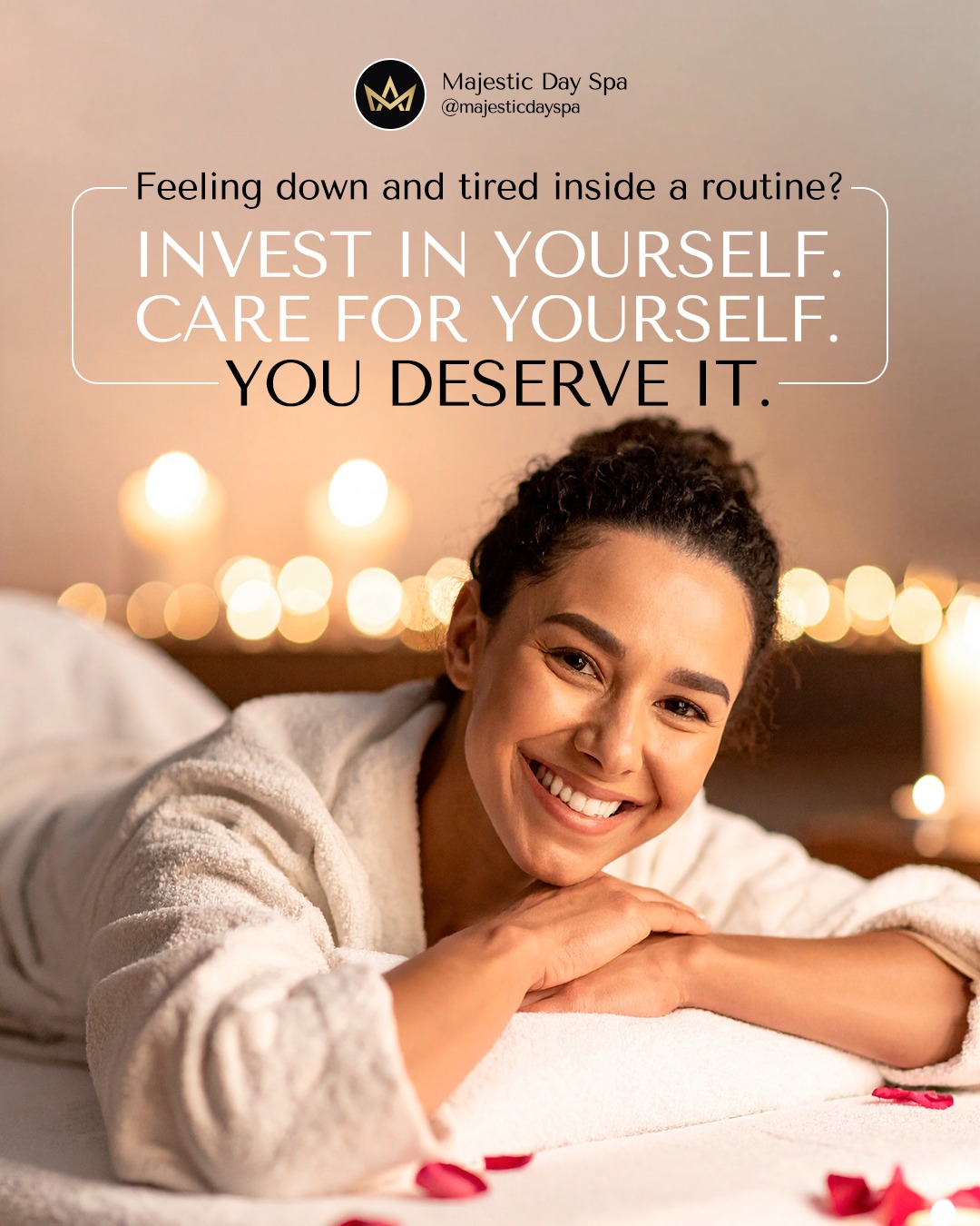 There are seasons when life feels like a loop. Same places, same demands, same tired version of you showing up for everyone else.
But what if the version of you that’s feeling drained doesn’t need more effort… just more care?
At Majestic Day Spa, we create the pause your body and spirit are begging for. A place where you can stop giving, and start receiving. A space where fatigue becomes peace, where dullness turns into radiance, and where stress has no place.
Because when you take care of yourself, everything shifts — your energy, your presence, your glow. You deserve more than survival mode. You deserve to feel alive again.
📅 Book your moment of reset today. Your glow-up isn’t selfish. It’s necessary.