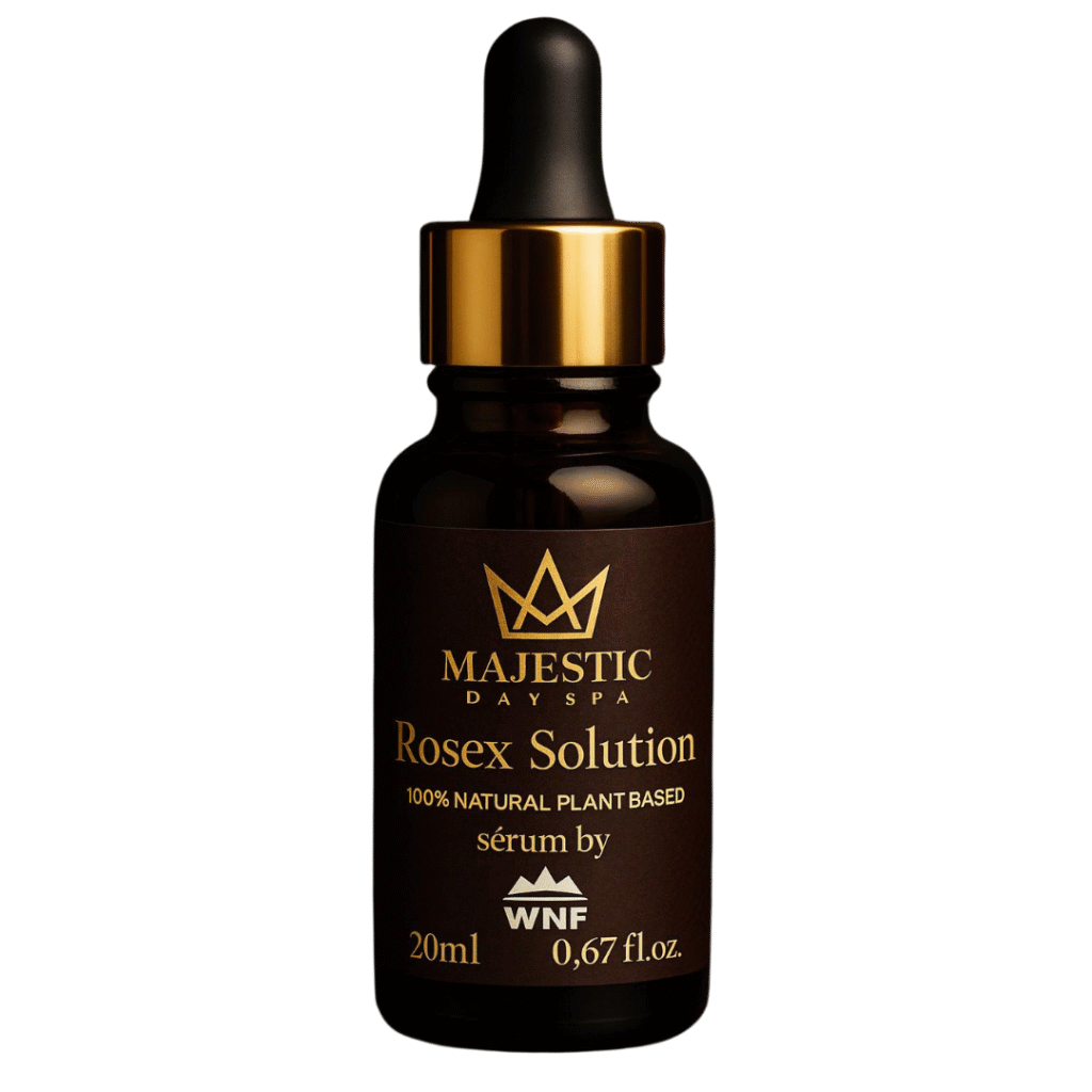 a bottle of cosmetic oil called rosex. created by majestic day spa