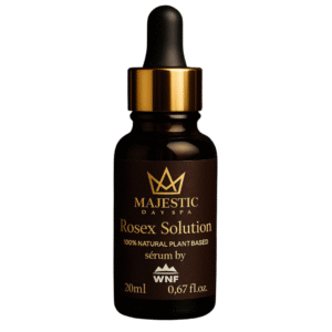 a bottle of cosmetic oil called rosex. created by majestic day spa